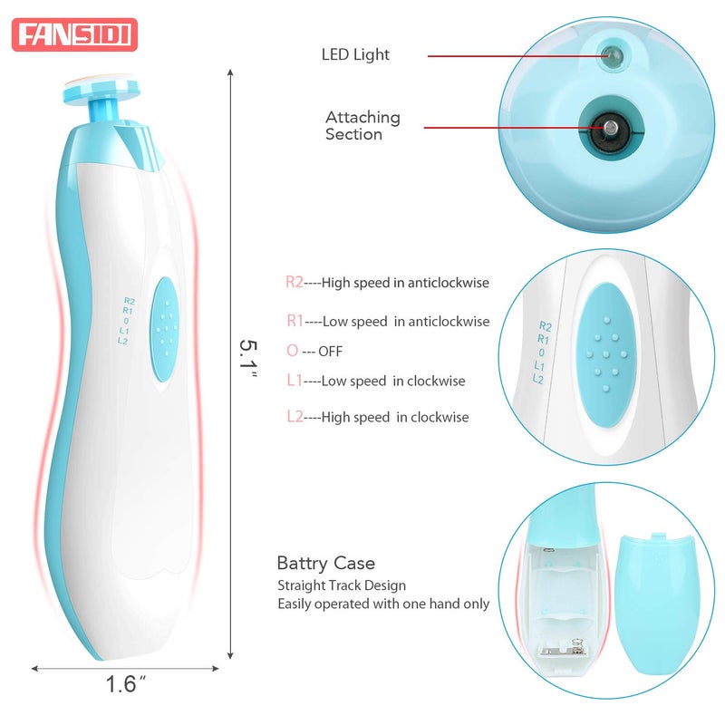 FANSIDI Baby Nail Clippers, Safe Baby Nail Trimmer Baby Nail File Electric with 10 Filing Pads 8 Sandpapers for Newborn Infant Toddler or Adult Toes Fingernails Care - AA Battery Operated (White/Blue) - Image 3